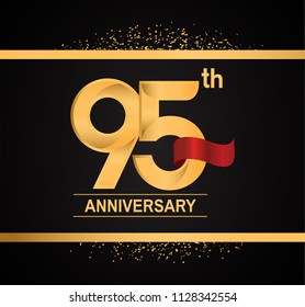 95 anniversary golden design with red ribbon and glitter isolated on black background for celebration