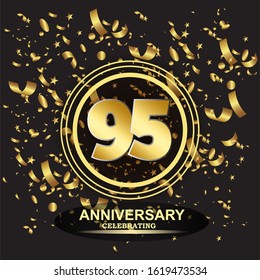 95 anniversary logo with confetti golden colored isolated on black background, vector design for greeting card and invitation card