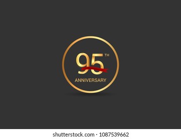 95 anniversary vector design golden color with ring and red ribbon isolated on black background