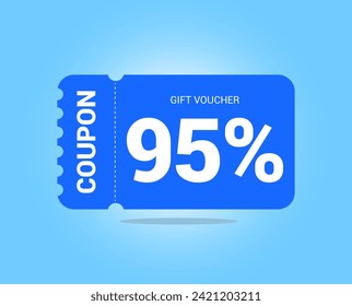 95% coupon promotion sale. Ninety five percent Vector Gift Voucher. Blue discount, lucky ticket, special offer promo. Web, shopping label, percent sign. Special price offers.