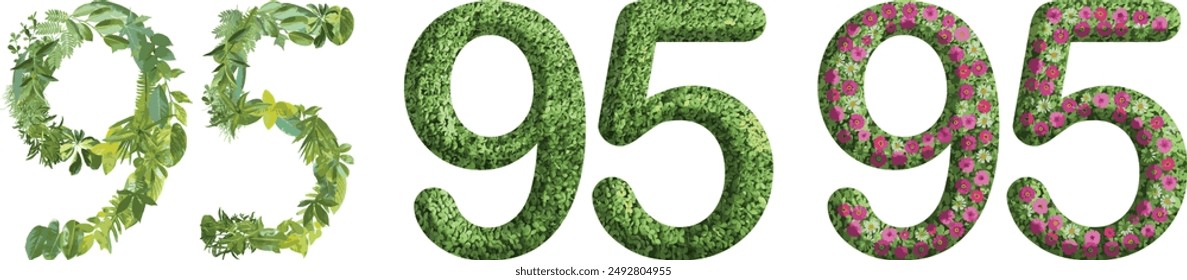 95, design made from green grass, leaves and flower, .suitable for birthday, anniversary and memorial day templates, go green concept	
