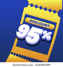 95% discount coupon design with 3D text on a dynamic blue and yellow background. Perfect for promoting special offers and sales events.
