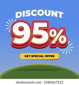 95% Discount Promotional Banner with 3D Text, Fireworks, Blue Gradient Background, and a Special Offer Button on a Green Hill with Eye catching Sale Advertisement Design