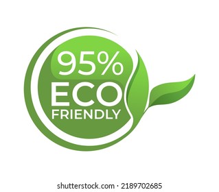 95% Eco friendly circle label sticker Vector illustration with green organic plant leaves. Eco friendly stamp icon.