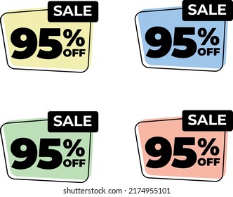 95% noventa y cinco de la etiqueta por ciento de descuento venta carta negra color amarillo verde rosa azul