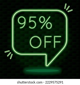 95% ninety five percent off. neon green outline. black bricks background. sale shopping banner. business fashion