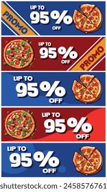 95 OFF, 5 discount coupons for purchasing pizzas, blue and red.