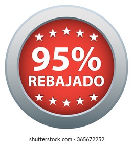 95% Off badge, sticker, button. Spanish language. Red color. Isolated. Vector illustration.