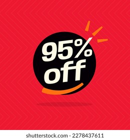 95% off. Black banner with special sale ten percent off black speech bubble and red background.