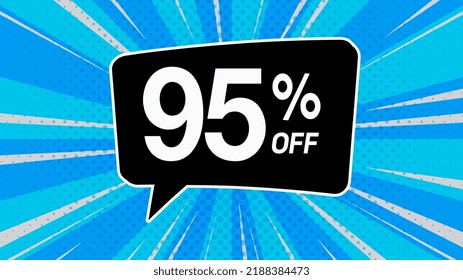 95% off. Blue banner with eighty-five percent discount on a black balloon for mega big sales.