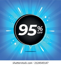95% de descuento. Banner azul con un descuento del 95% en un globo negro para grandes ventas.