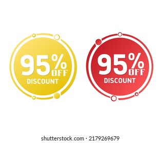 95% off, circle discount tag icon collection. Set of red and yellow sale labels. vector illustration