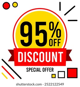 95% off discount 95 % off special offer ninety five percent off discount 95%off Promotions with black and white numbers yellow ball circle and red drawings.eps