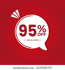 95% off. Discount vector for sales, labels, promotions, offers, stickers, banners, tags and web stickers. New offer. White discount balloon emblem on red background.