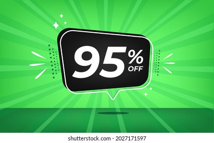 95% off. Green banner with ninety-five percent discount on a black balloon for mega big sales.