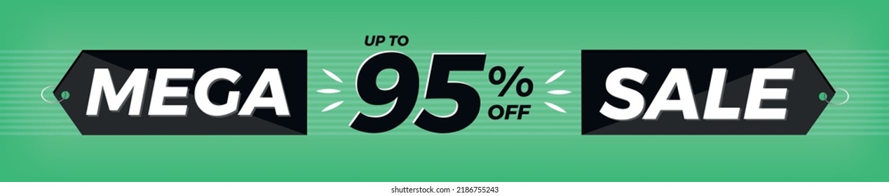 95% de descuento. Banner verde horizontal. Publicidad para Mega Venta. Hasta un noventa y cinco por ciento de descuento para promociones y ofertas.