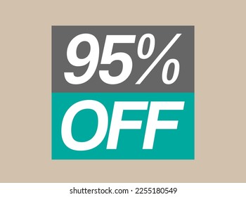 95% fuera de la etiqueta. Diseño 95 por ciento de descuento. Reducción del precio de los vectores en tiendas y productos aislados en un fondo ligero