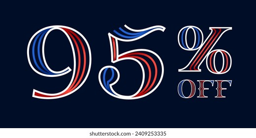 95% OFF lettering made of blue and red lines. Serif sport style font. Patriotic lettering for Super Sale. Special offer template for US history event, team uniform discount, VIP coupon, motor store. svg