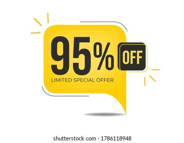 95% off limited special offer. Banner with ninety-five percent discount on a yellow square balloon.