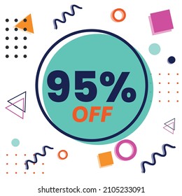 95% off - memphis style discount tag with colorful geometric shapes and white background