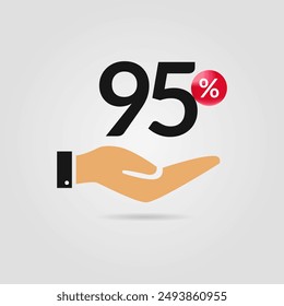 95 % Rabatt auf die Werbeaktion. 95 Prozent Rabatt mit Hand-Ikone. Verkaufssymbol. Rabatt für kreative Komposition. Vektorillustration.