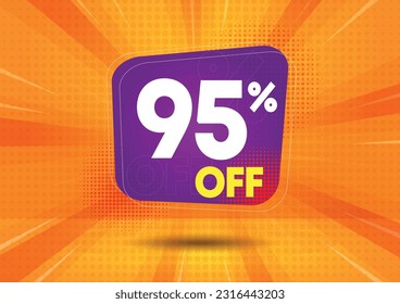95% de descuento. Bandera morada con noventa y cinco por ciento de descuento. Ilustración vectorial para ventas con ofertas especiales para minoristas. Colores: blanco, púrpura, amarillo y naranja