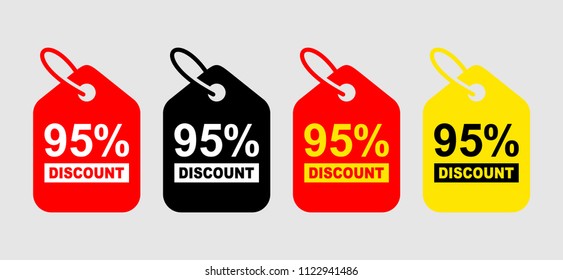 95% OFF Sale Discount Banner. Sale discount icons. Special offer price signs. Discount Tag Isolated Vector Illustration.