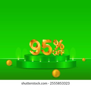 95% off shiny golden text vector in 3D style. podium with green background. golden spheres. marketing project