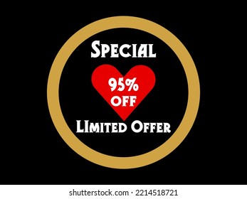 95% off. Special Limited Offer Icon. Banner badge, offer sticker. Special offer sign. Sale. Sticker badge with vector art illustration with golden circle. 