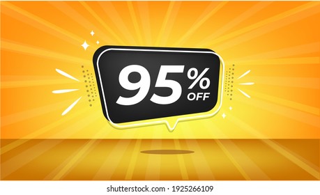 95% off. Yellow banner with ninety-five percent discount on a black balloon for mega big sales.