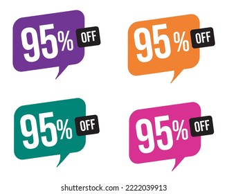 95 percent discount. purple, orange, green and pink balloons for promotions and offers. Vector Illustration on white background.