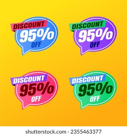 95 percent discount yellow banner with blue, purple, pink, green balloon for offers and promotions sales.