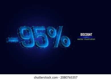 95 percent off digital wireframe made of connected dots. Holiday discount low poly vector illustration on blue background.