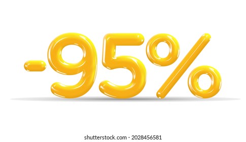 95% de descuento. Descuento composición creativa de globos dorados o amarillos. 3d mega venta o noventa y cinco por ciento de símbolo de bonificación sobre fondo blanco. Cartel y afiche de venta. Ilustración vectorial.