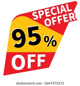 95% percent off discount promotion tag illustration, offer sale banner, big sales offer design in typography, vector icon in transparent background