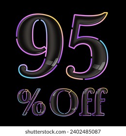 95% percent OFF glossy black lettering with vivid neon lines. Rainbow gradient 3D badge for Super Sale banner. Colorful vector emblem for Special Price design, Discount Offer labels, Coupon Template.