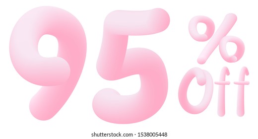 95 percent off Numbers made of chewing gum. Bubble Gum sign . Isolated on white background. Vector 3d font . Design template for big sale / special offer / advertising 