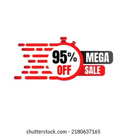 95% percent off (offer), mega sale, super discount for a limited time. Red graphic design in Vector Illustration, 