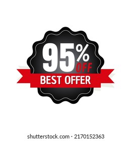 95% de descuento, oferta, con diseño de banner rojo y pegatina de descuento negro, mega venta, ilustración vectorial