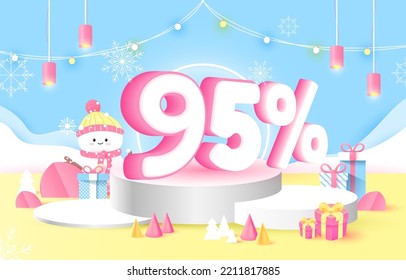 95 percent Off. Product display presentation. white podium. Discount creative composition. paper cut and craft style. vector art and illustration.