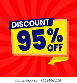 Design de banner com desconto promocional de 95% com balão amarelo e fundo vermelho para promoções de vendas, ofertas e marketing