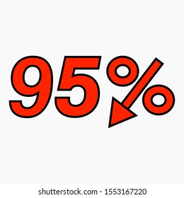 The 95 percent reduction icon is red. Price drop. Interest rate reduction. Sell-out. Stock symbol. Discount. Markdown of goods. Bonus discount. Vector icon.