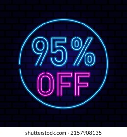 95 percent SALE glowing neon lamp sign. Vector illustration.