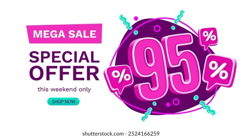 95 por cento Oferta especial mega venda, caixa de cheque e presente. Banner e cartaz de venda. Ilustração vetorial.