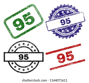 95 seal prints with corroded surface. Black, green,red,blue vector rubber prints of 95 text with scratched surface. Rubber seals with circle, rectangle, medal shapes.