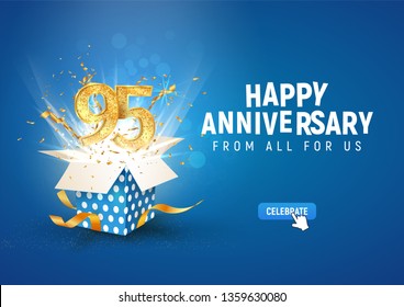 95 th years anniversary banner with open burst gift box. Template ninety fifth birthday celebration and abstract text on blue background vector Illustration