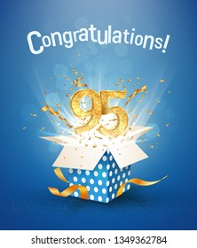 95 th years anniversary and open gift box with explosions confetti. Isolated design element. Template ninety fifth birthday celebration on blue background vector Illustration