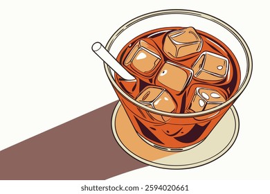 95 Top-down view, iced tea, glass cup, clear ice cubes, amber liquid, refreshing beverage, circular container, white background, high contrast, reflective surface, cold drink, summer refreshment, deta