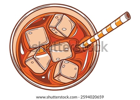 95 Top-down view, iced tea, glass cup, clear ice cubes, amber liquid, refreshing beverage, circular container, white background, high contrast, reflective surface, cold drink, summer refreshment, deta