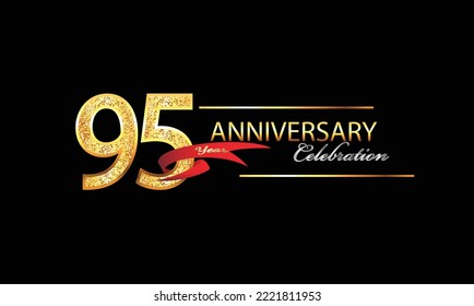 95 Year Anniversary celebration Vector Design. 95th Anniversary celebration. Gold Luxury Banner of 95th Anniversary celebration with red ribbon and glitter. Background celebration. Vector anniversary